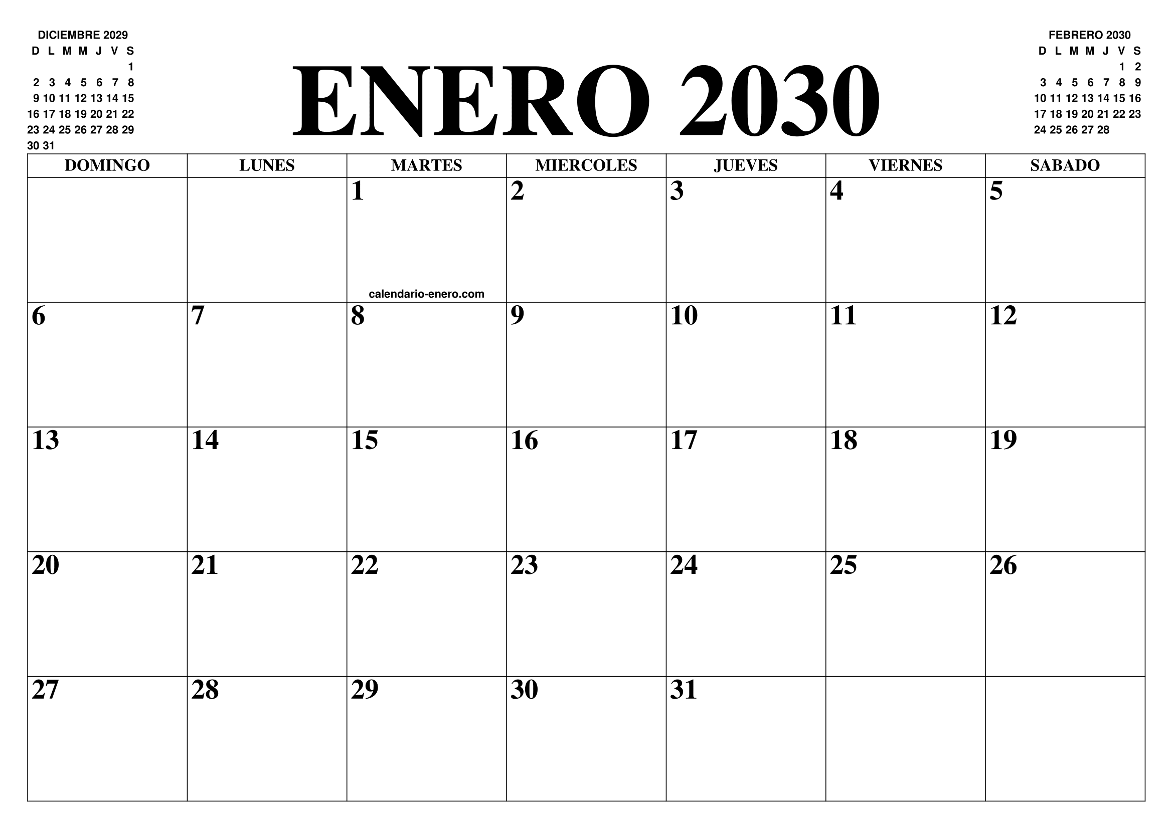 CALENDARIO ENERO 2030 EL CALENDARIO ENERO PARA IMPRIMIR GRATIS MES